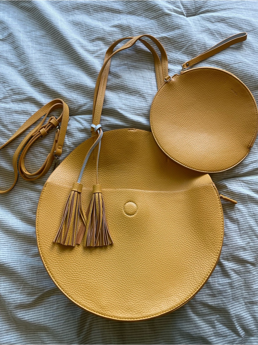 Anthropologie Mustard Yellow Round Leather Tote with Matching Purse
